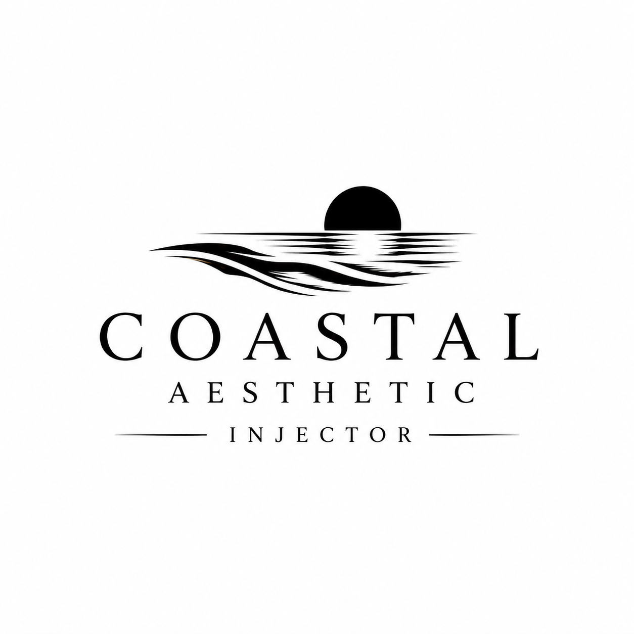 Coastal Aesthetic Injector logo: a black and white sun setting over waves